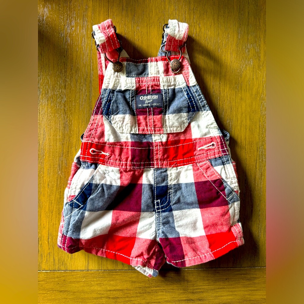 Oshkosh red, white & blue shortalls, size 3-6 months